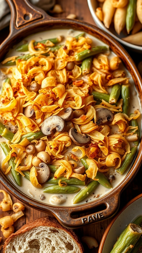 A delicious green bean casserole topped with crispy fried onions, served in a baking dish.